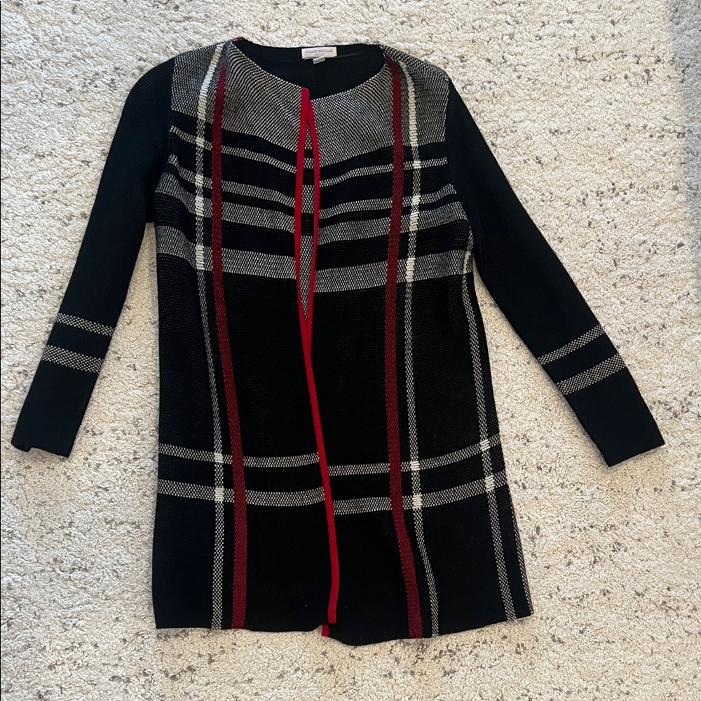 Charter Club Black Plaid Petite Long Cardigan Size M